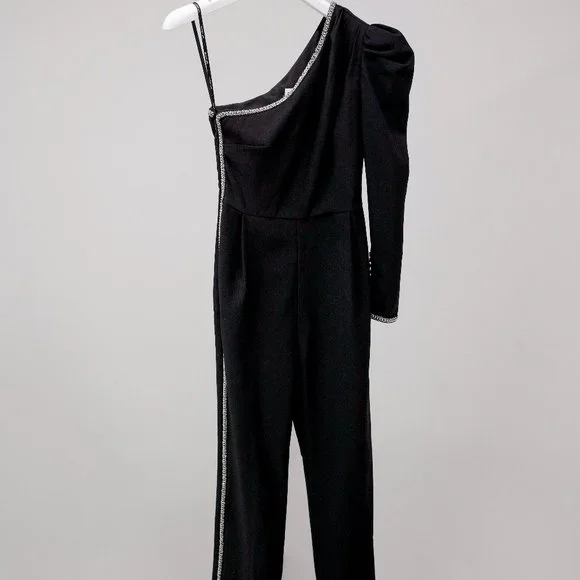 Self-Portrait One-Shoulder Crepe Black Jumpsuit